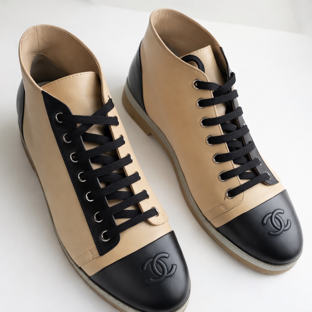 Chanel Two-Tone Cc Lace-Up Ankle Boots Size 37 Authentic & Chic
